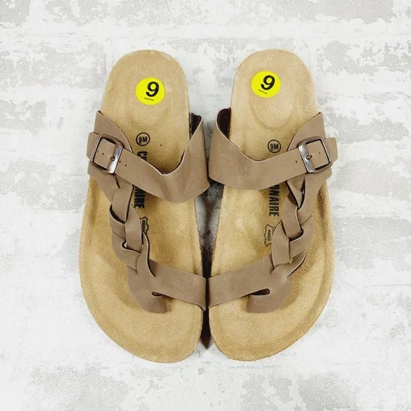 NEW Cushionaire Tan Brown Strappy Buckle Cork Footbed Summer Slide Sandals K28 - Picture 8 of 10